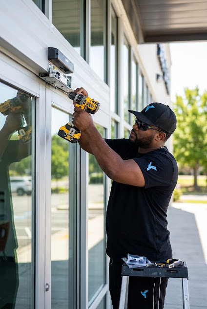 Charles Adams installing an ADA door operator on a commercial storefront entrance